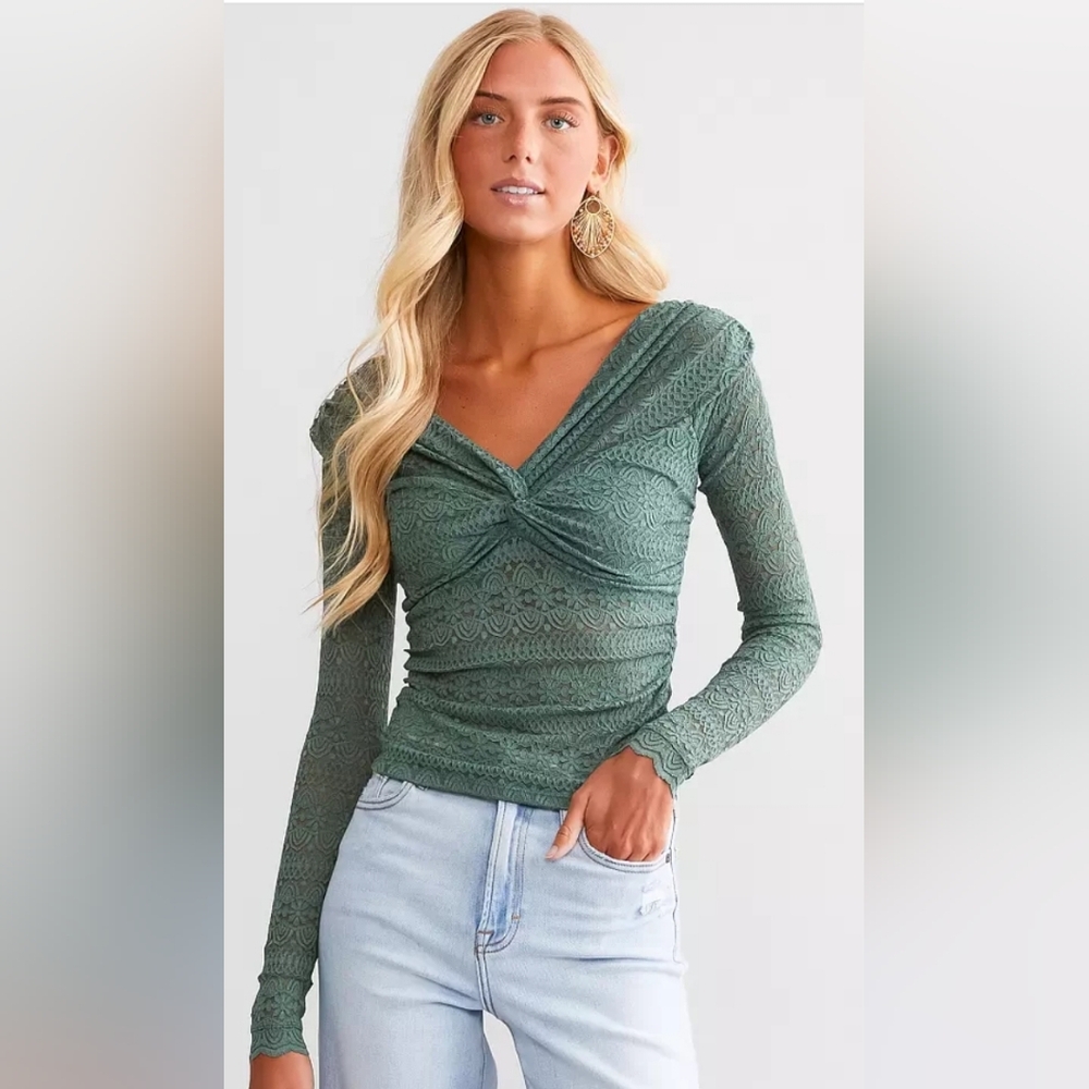 Free People Olive Green Lace Twist-Front Long Sleeve Top
